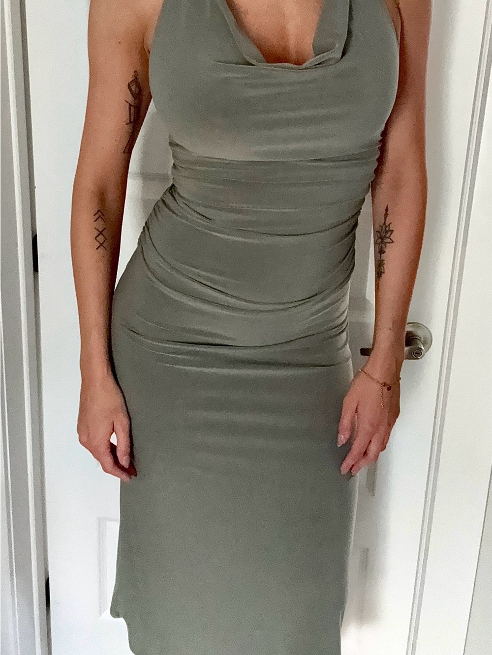 Aritzia Olive Green Cowl Neck Midi Dress